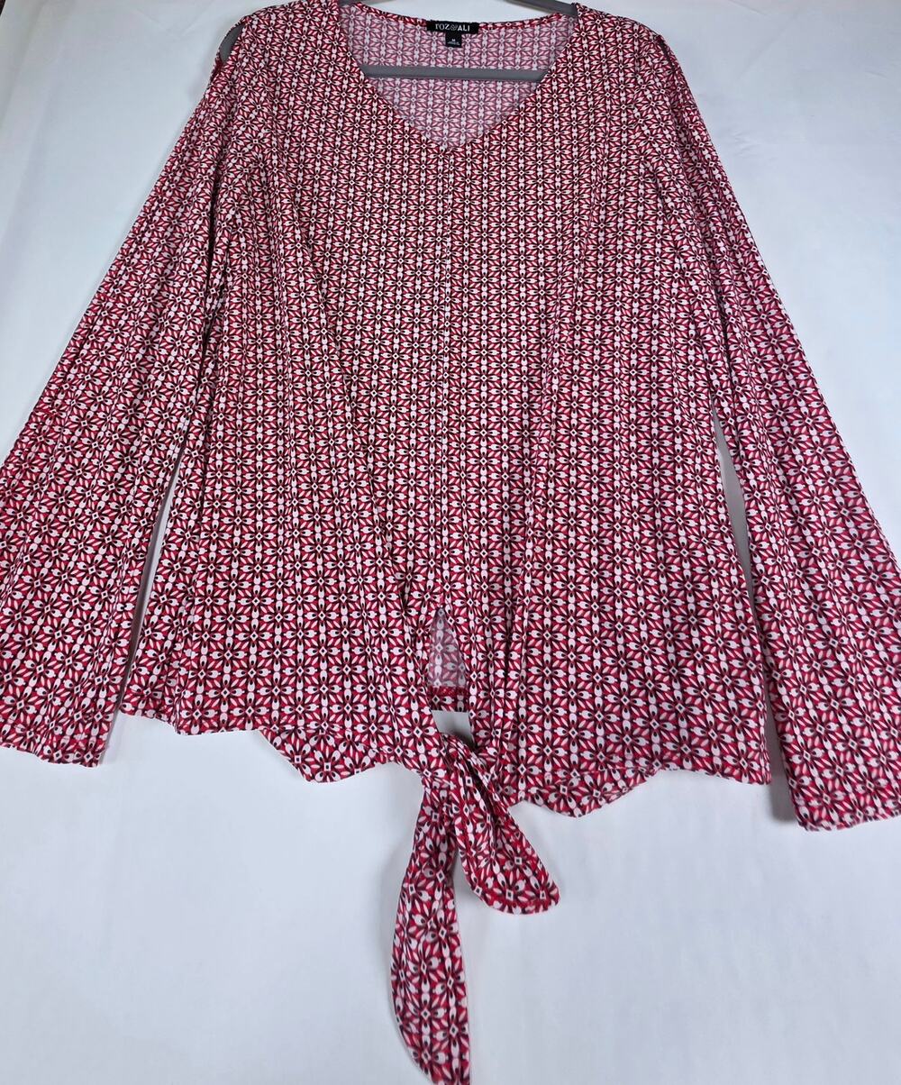 Roz & Ali long-sleeve tie-front blouse, red/white/black geometric pattern Size M